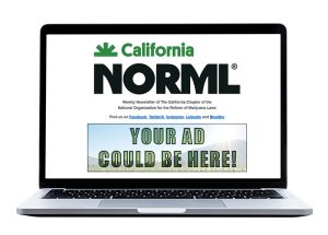 A laptop screen displays the California NORML newsletter with the text "YOUR AD COULD BE HERE!" in a banner, highlighting Newsletter Advertising opportunities, and social media links above it. CA Norml