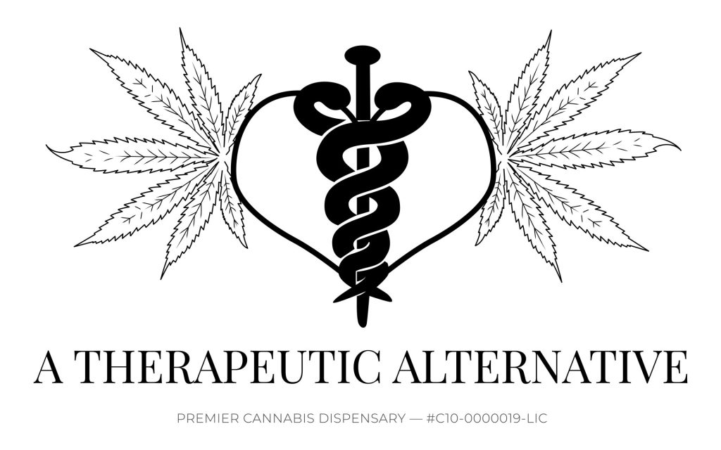 Black caduceus inside a heart flanked by two cannabis leaves. Below, the text reads "A Therapeutic Alternative" and "Premier Cannabis Dispensary — #C10-0000019-LIC. CA Norml