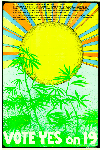 A bright yellow sun rises behind green cannabis plants on a colorful poster. Text at the top explains Proposition 19 and 50 years of cannabis progress. Large bold text at the bottom reads "VOTE YES on 19. CA Norml