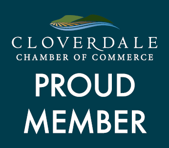 Cloverdale Chamber of Commerce logo with a stylized landscape and text that reads "Proud Member," featuring Red Door Remedies, on a dark teal background. CA Norml