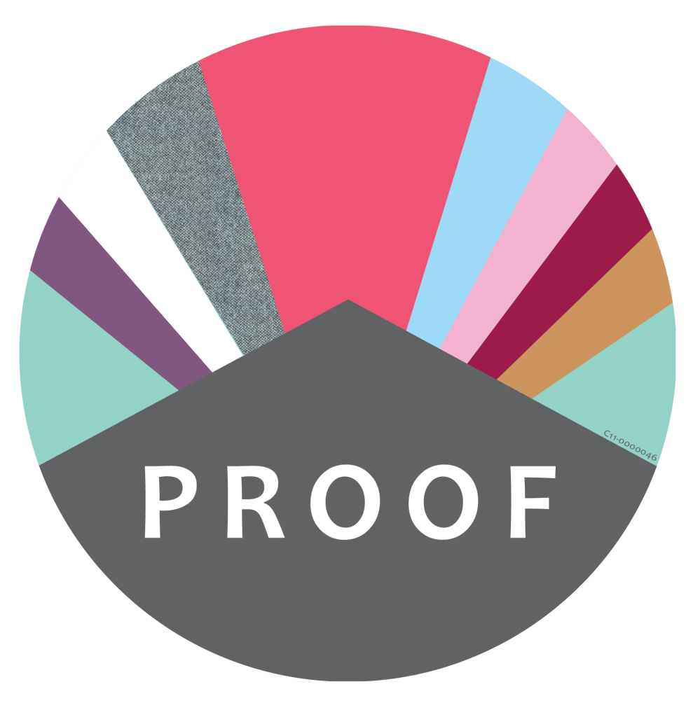 A circular graphic with a dark gray lower half labeled “PROOF” in white text. The upper half features colorful triangular segments in red, blue, pink, white, purple, teal, gray, tan, and maroon. CA Norml