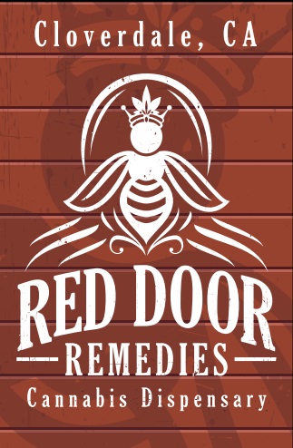 Sign for Red Door Remedies, a cannabis dispensary in Cloverdale, CA, features a stylized bee with a crown above the Red Door Remedies name on a wooden background. CA Norml