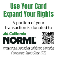 Image promoting California NORML and Double Eye Dispensary, stating that using your card expands your rights and a portion of your transaction is donated to California NORML. Features a QR code and highlights protecting cannabis consumers' rights since 1972. CA Norml