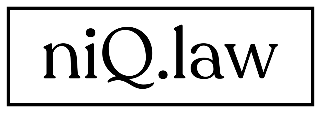 The image displays the text "niQ.law" in black serif font, centered within a thin black rectangular border on a light background. CA Norml