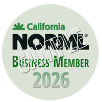 Round badge with text: "California NORML Business Member 2026" and the word "SAMPLE" diagonally across the center in white, all on a light green background. CA Norml