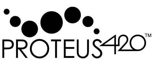 The image features the logo for PROTEUS 420™, with bold black text and seven black circles in an arc above the name, gradually increasing then decreasing in size from left to right. CA Norml