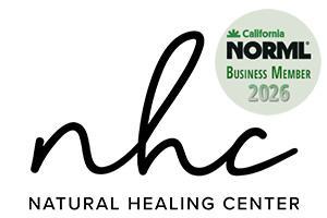 Logo for Natural Healing Center with large black script “nhc” and text below. A circular badge at top right reads “California NORML Business Member 2026.” Proudly supporting Cannabis Consumption Lounges across California. Ca NORML
