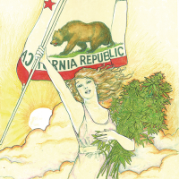 A woman triumphantly waves a "California Republic" flag and carries an armful of freshly-harvested marijuana plants. She is depicted against a yellow sky with billowing clouds at sunrise. Text in the scroll at the bottom reads, "Sow the seeds of Victory!" Cal NORML.