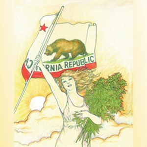 A woman in a white dress holds a bundle of green plants, symbolizing California cannabis laws, and raises the California Republic flag. The sun rises behind her as she stands among clouds, smiling. Ca NORML