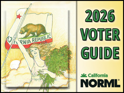 A woman holding a cannabis plant and raising a California state flag stands next to text that reads "2026 Voter Guide" and "California NORML." The background includes a sunlit sky and the California Republic flag. Ca NORML