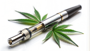A cannabis vape pen rests atop two green cannabis leaves.