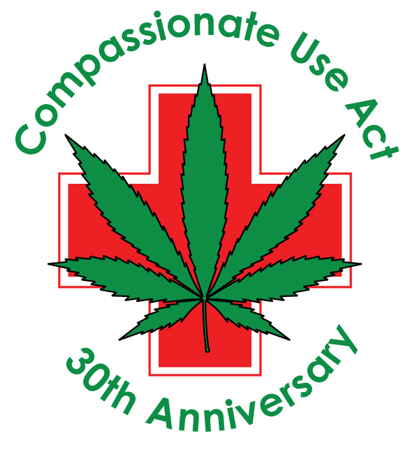 A green cannabis leaf in front of a red medical cross, surrounded by green text that reads "Compassionate Use Act 30th Anniversary – Cal 215 Tribute. Ca NORML