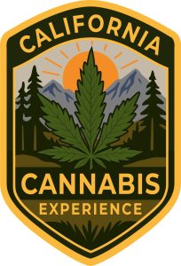A badge-shaped logo with a large cannabis leaf, pine trees, and mountains under an orange sun. Text reads “California Cannabis Experience.” The colors are green, yellow, and orange—perfect for the California State Fair on July 18th. Ca NORML