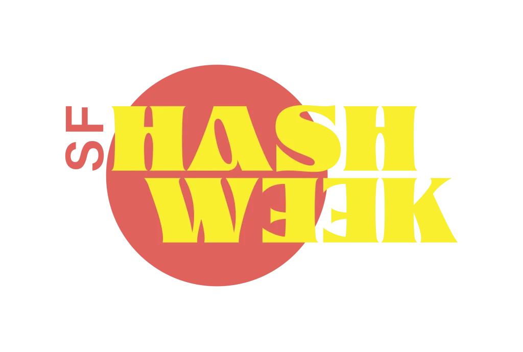 Logo with "SF" in red beside a large red circle. Over the circle, bold yellow text reads "HASH WEEK" stacked upside-down. Above, "David Downs Presents" is subtly included. The background is white. Ca NORML