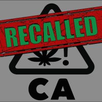 A warning sign with a cannabis leaf and exclamation point is labeled "CA." A large red stamp with the word "RECALLED" in green covers the sign, highlighting its status as public record information. Ca NORML