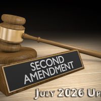 A judge’s gavel rests beside a nameplate labeled “Second Amendment.” Bold text at the bottom reads “July 2026 Update” on a wood surface, hinting at a Supreme Court decision on whether marijuana users can possess guns. Ca NORML