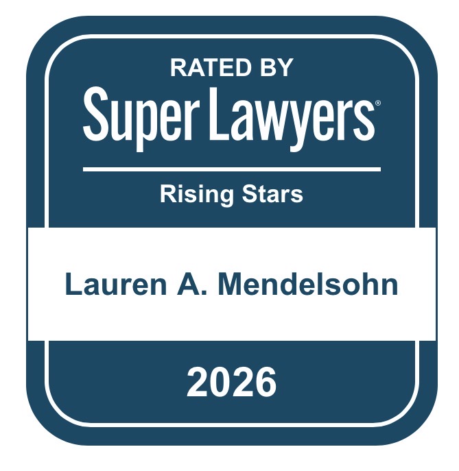 A blue and white badge reads: "Rated by Super Lawyers Rising Stars Lauren Mendelsohn 2026. Ca NORML